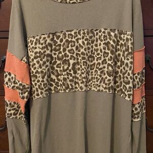 JODIFL Olive and Leopard Print Top with Coral Accents